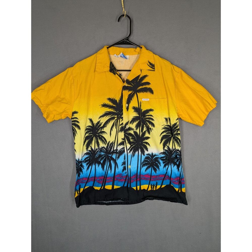 VTG 80s Mens Large Windswept Bahamas Short Sleeve Shirt Tropical Palm Yellow L